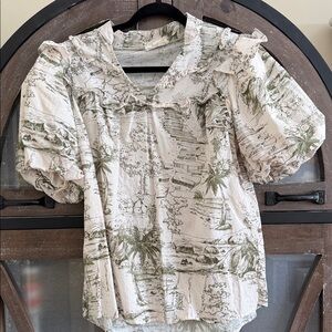 Umgee Green and Cream Scenic Print Blouse